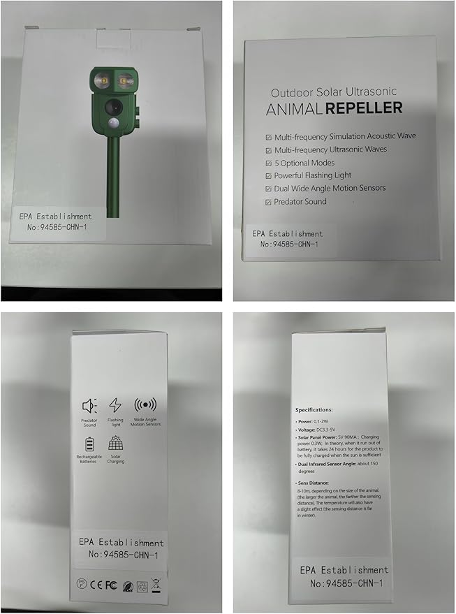 2 Pack Solar Animal Repeller Ultrasonic Deer Repellent Devices Cat Repellent Outdoor to Keep Cats Away Squirrel Skunk Dog Raccoon Coyote Fox Deterrent with Motion Sensor & Light for Farm Garden Yard