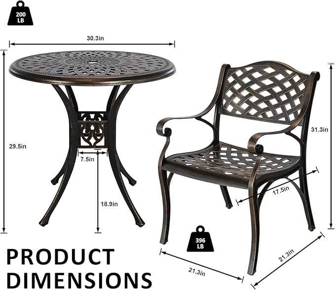 Outdoor Bistro Set 3 Piece, All Weather Bistro Table and Chairs Set, Cast Aluminum Patio Bistro Sets with 2.36" Umbrella Hole, Patio Furniture Set for Garden Porch