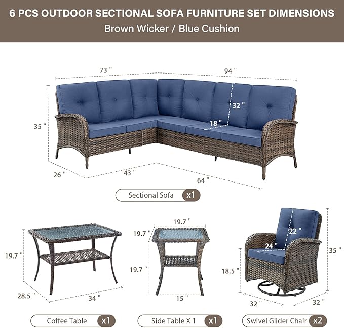 Belord Outdoor Furniture Set - 6 Pieces Patio Conversation Sectional Sofa Set with Swivel Rocker Outdoor Chairs Set of 2 and Wicker Coffee Table for Deck Backyard Sunroom Brown