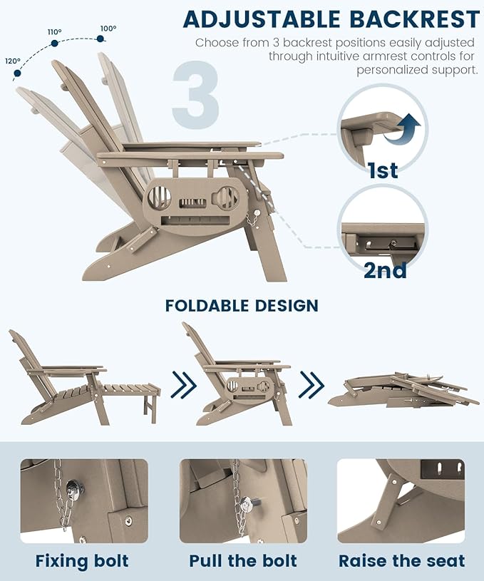 FOOWIN Folding Adjustable Adirondack Chair with Retractable Ottoman Set of 4, HDPE Adirondack Chair w/4 in 1 Cup Holder Trays,All-Weather Resistant Fire Pit Chair for Outdoor Patio Lawn, Brown