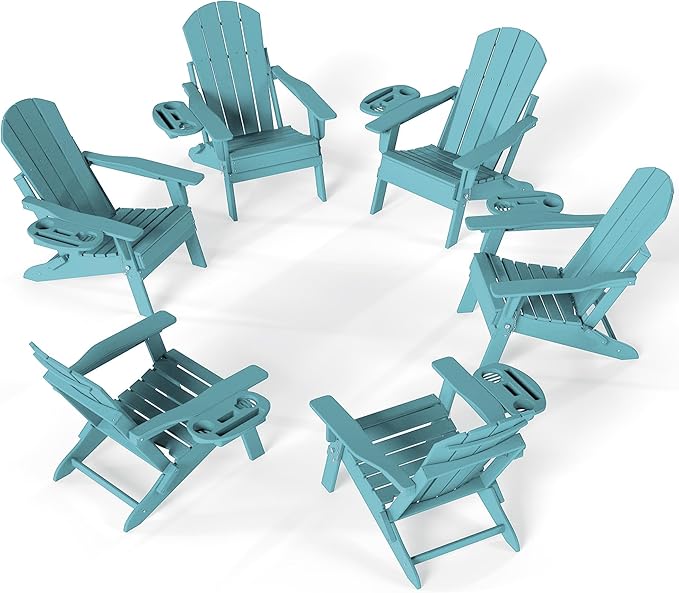 FOOWIN Folding Adjustable Adirondack Chair Set of 6,HDPE Adirondack Chair w/4 in 1 Cup Holder Trays,All-Weather Resistant Fire Pit Chair, Outdoor Chair for Patio Lawn Poolside,400lbs,Lake Blue