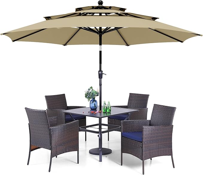 PHI VILLA 5 Piece Patio Dining Set with 10ft Umbrella, 37" Square Metal Dining Table & 4 Cushioned Rattan Chairs with Beige Umbrella for Outdoor, Deck, Yard, Porch
