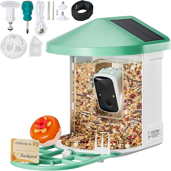 VEVOR Smart Bird Feeder with Camera, Solar Powered Bird House Camera with 2 Solar Panels, Wireless Video Birdfeeder with AI Identify, Auto Detect & Notify and 2K Full HD, Ideal Gift for Bird Lover