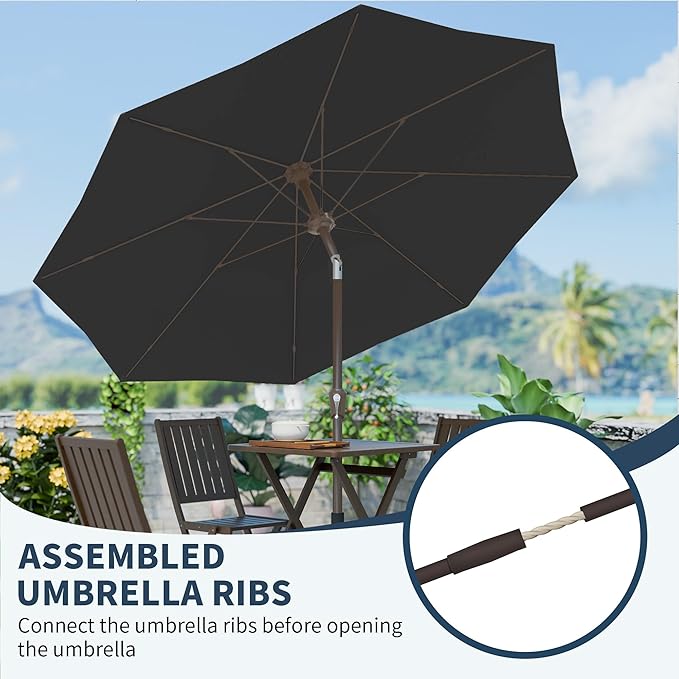PatioKingdom 11FT Patio Umbrella,Outdoor Umbrella with Push Button Tilt and Crank,Market Table Umbrella with 8 Sturdy Fiberglass Ribs UV Protection(Black, 11FT)