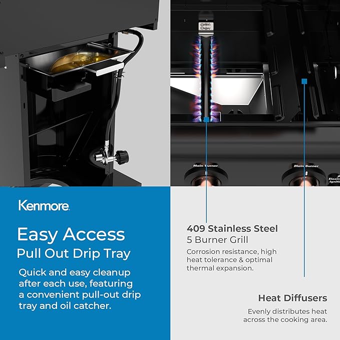 Kenmore 3-Burner Propane BBQ Grill, 30,000 BTUs Gas Grill with Cast Iron Cooking Grates, Folding Side Tables & Wheels, Outdoor Grill with Tool Hooks, Black/Copper + Bonus Cover