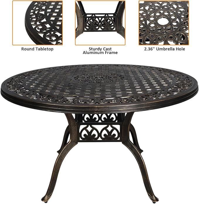 5 Piece Modern Outdoor Dining Set for 4, Bronze Aluminum Patio Table and Chairs, 48" Round Table with Umbrella Hole, Weather Resistant