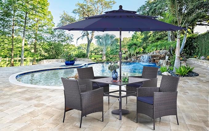 PHI VILLA 5 Piece Patio Dining Set with 10ft Umbrella, 37" Square Metal Dining Table & 4 Cushioned Rattan Chairs with Blue Umbrella for Outdoor, Deck, Yard, Porch