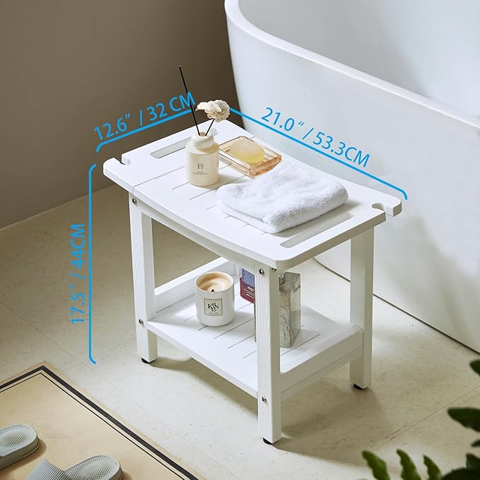 Shower Benches for Inside Shower to sit on，Waterproof Shower Bench,Shower Stool for Inside Shower,heav Duty Shower Chair for Shaving Legs, with Storage Shelf, Adjustable Feet（White）