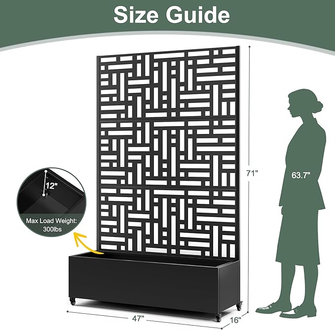 Large Raised Garden Beds with Trellis & Wheels, Metal Planter Box with Privacy Screen for Climbing Plants Vegetables, Fruits, 47"L Garden Boxes Outdoor with Drainage Holes (Black Street)