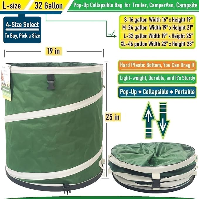 32-Gallon Collapsible Trash Can (19x25 in) Hard-Shell Bottom Yard Garden Bag for Yard Waste,Debris bag,Leaf Bag,Pop-Up Recycling Bin,Cars,RV Camping Waste Bin,Laundry Hamper,Lawn Grass,Weeds Basket