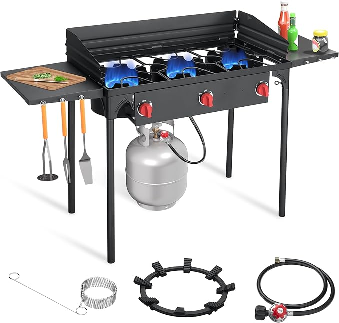 SKOK 3 Burners Propane Stove with Wind Panel &ide Shelves, Camping Propane Stove, Outdoor Stove