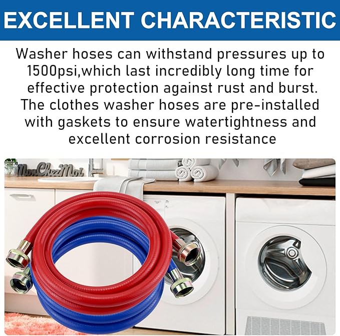 Washer Hoses 4FT,Rubber Washing Machine Hoses 3/4 Washer Machine Hoses 2 packs,Burst Proof Water Supply Lines for Hot and Cold Washer Water Hoses,Universal for All Standard Wash Machines-by MIFLUS