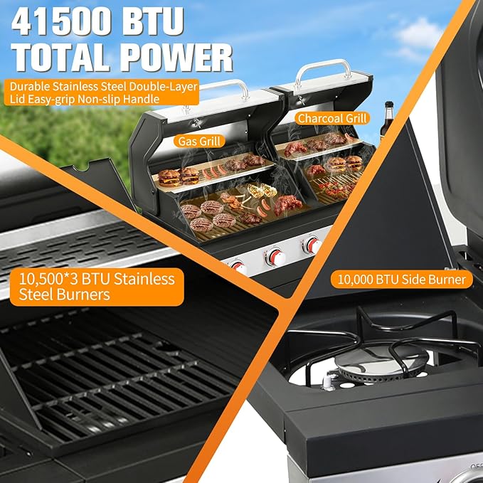 CIG GARDEN 3 Burner Propane Gas and Charcoal Grill Combo with Side Burner,Dual Fuel BBQ Grill with Cast Iron Griddle,41,500 BTU Output Perfect for Outdoor Cooking, Balcony, Backyard,Camping