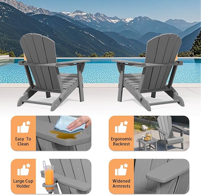 Folding Adirondack Chair, HDPE All-Weather Patio Chairs for Outdoor, Patio, Lawn, Garden, Backyard Deck, Fire Pit - Gray