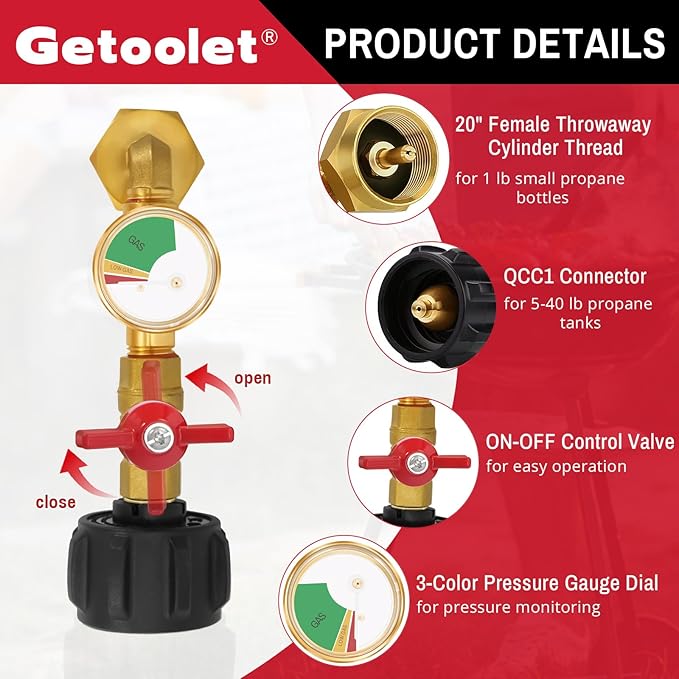 Propane Refill Adapter for 1 lb. Tanks, Propane Refill Elbow Adapter with Valve and Gauge, Brass Propane Adapter 20lb to 1lb Converter with 4 Caps for 1 Pound Propane Bottles