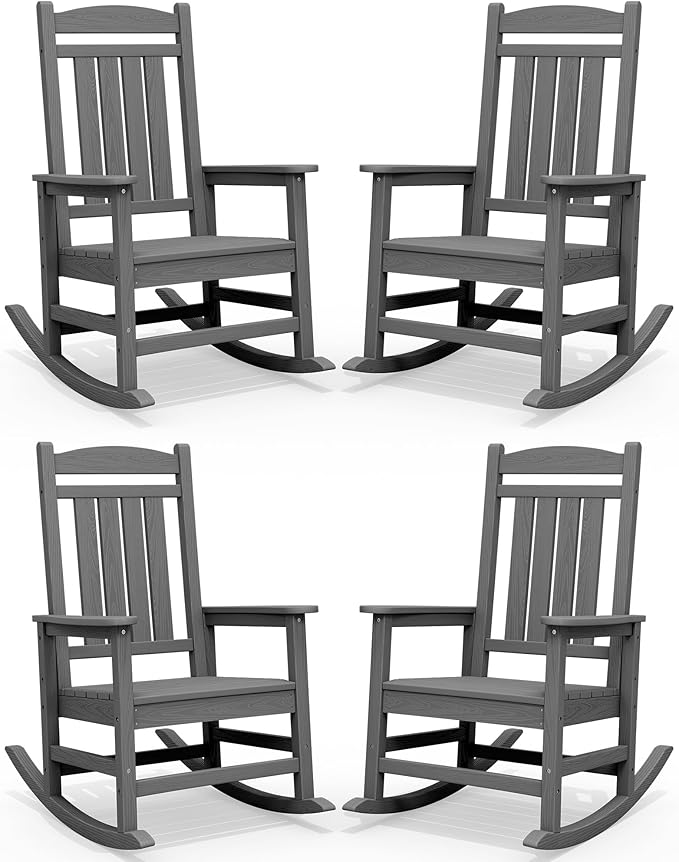 SERWALL Outdoor Rocking Chair Set of 4, HDPE Patio Rocking Chair, All-Weather Porch Rocker for Balcony, Yard, Gray