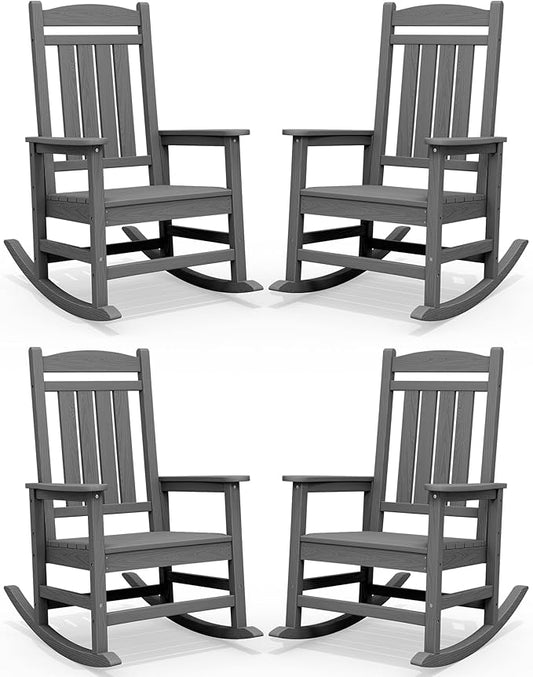 SERWALL Outdoor Rocking Chair Set of 4, HDPE Patio Rocking Chair, All-Weather Porch Rocker for Balcony, Yard, Gray