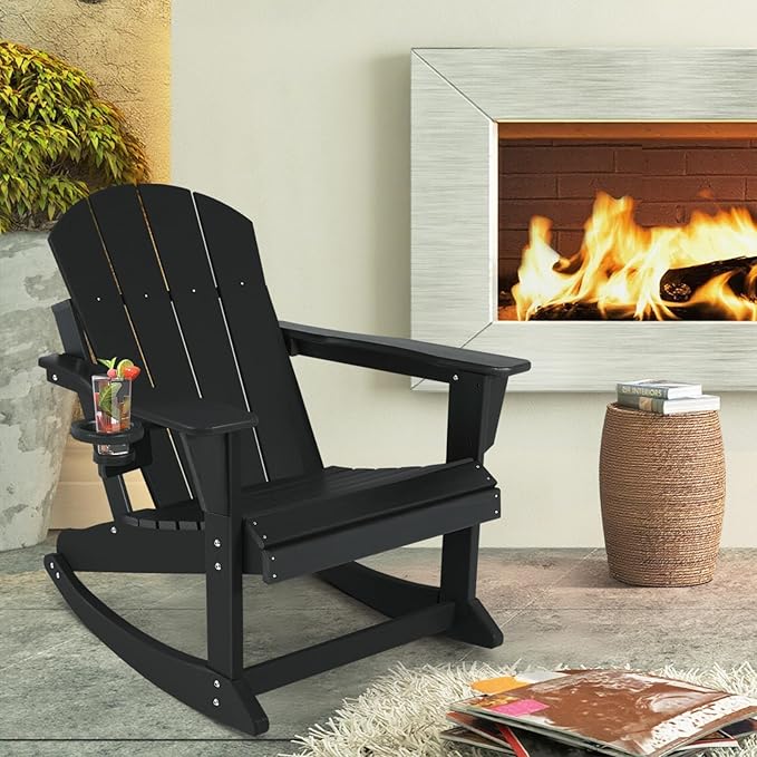 Outdoor Rocking Chair, HDPE Poly All-Weather Patio Rocking Chairs with Cup Holder for Adults, Porch Rocker for Deck Patio Balcony, 440lbs, Black