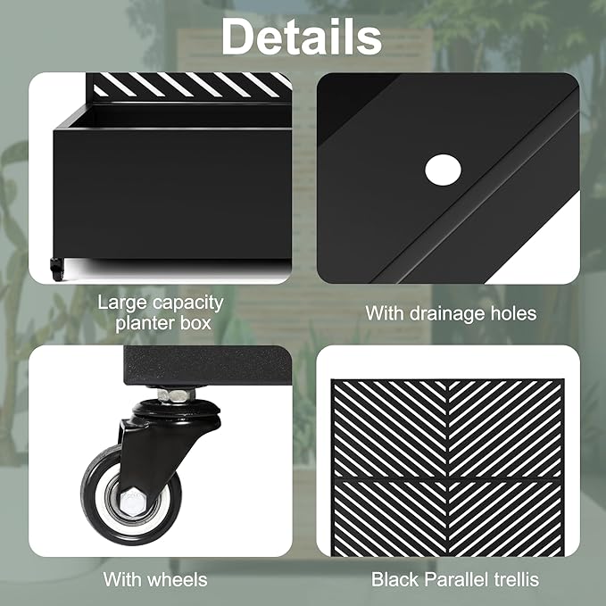 Large Metal Raised Garden Beds with Privacy Screen, Standing Planter Box with Trellis & Wheels for Outdoor Climbing Plants, Garden Boxes with Drainage Holes for Patio (47"L, Black Parallel)