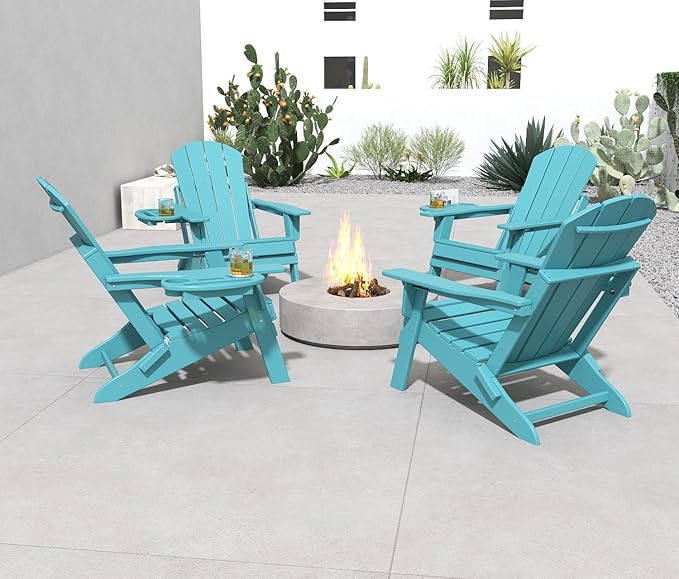FOOWIN Folding Adjustable Adirondack Chair Set of 4,HDPE Adirondack Chair w/4 in 1 Cup Holder Trays,All-Weather Resistant Fire Pit Chair, Outdoor Chair for Patio Lawn Poolside,400lbs,Lake Blue
