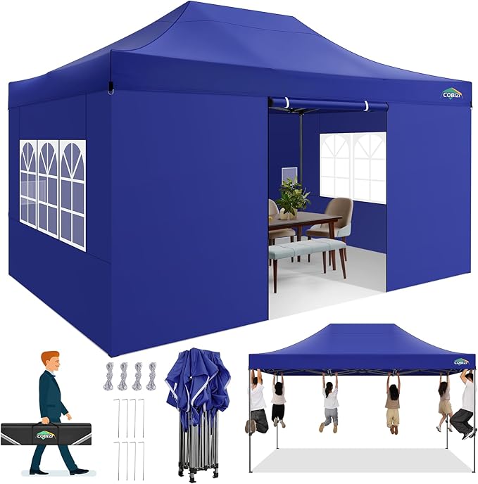 COBIZI 10x15 FT Heavy Duty Pop up Canopy with 4 Removable Sidewalls, Easy up Gazebo High Stability, All Weather Sunshade 100% Waterproof Outdoor Canopy Tents with Carry Bag, Dark Blue
