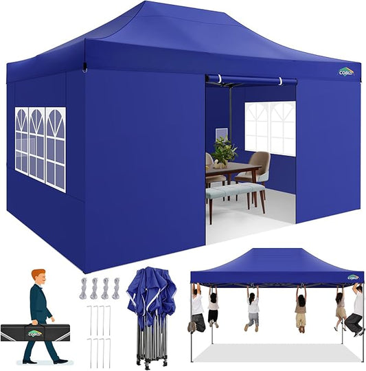 COBIZI 10x15 FT Heavy Duty Pop up Canopy with 4 Removable Sidewalls, Easy up Gazebo High Stability, All Weather Sunshade 100% Waterproof Outdoor Canopy Tents with Carry Bag, Dark Blue