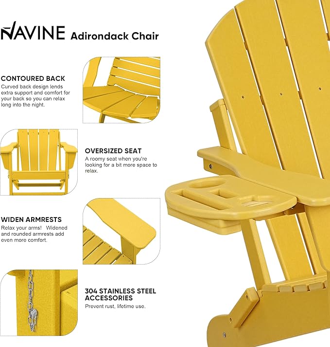 Adirondack Chair Set of 2, HDPE Folding Adirondack Chair with Multifunctional Cup Holder, Weather Resistant Fire Pit Chair for porches, patios, patios, poolsides, Decks.