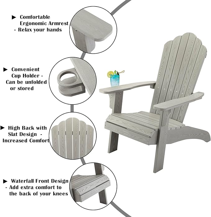 hOmeHua Oversized Adirondack Chair, HIPS Adirondack Chairs Weather Resistant with Cup Holder, Plastic Outdoor Chair for Patio, Backyard Deck, Fire Pit Lawn Porch (Grey)
