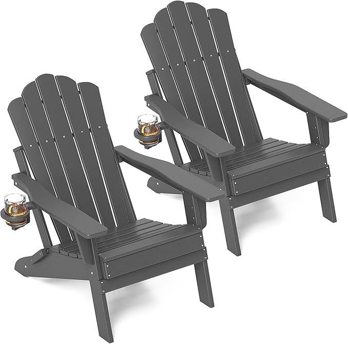 FOOWIN Adirondack Chair Set of 2, Folding Adirondack Chair with Cup Holder, HDPE All-Weather Fire Pit Chair for Patio, Garden, Backyard, Poolside, Grey
