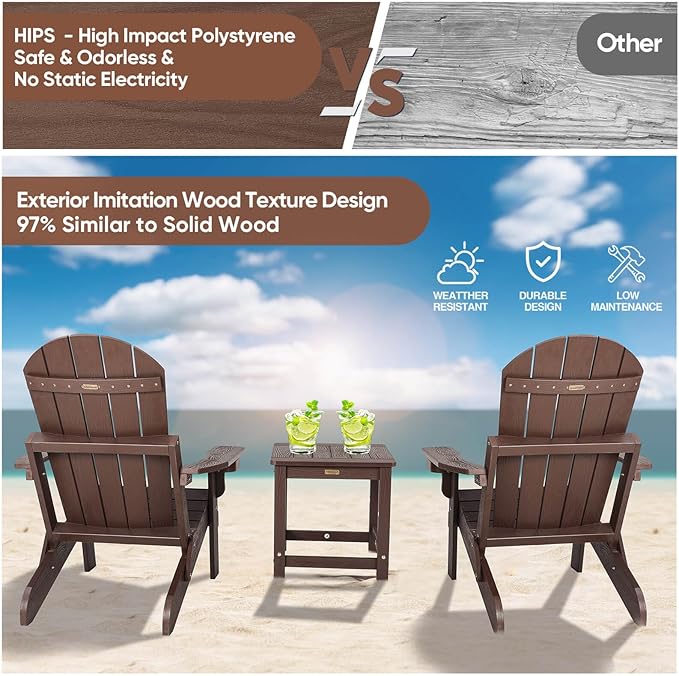 Folding Adirondack Chairs Set of 4, All Weather Resistant Plastic Chair with Cup Holder, Fold or Unfold Easily in 1 Second, Outdoor Chairs for Patio, Garden, Backyard Deck, Lawn Fire Pit(Brown)