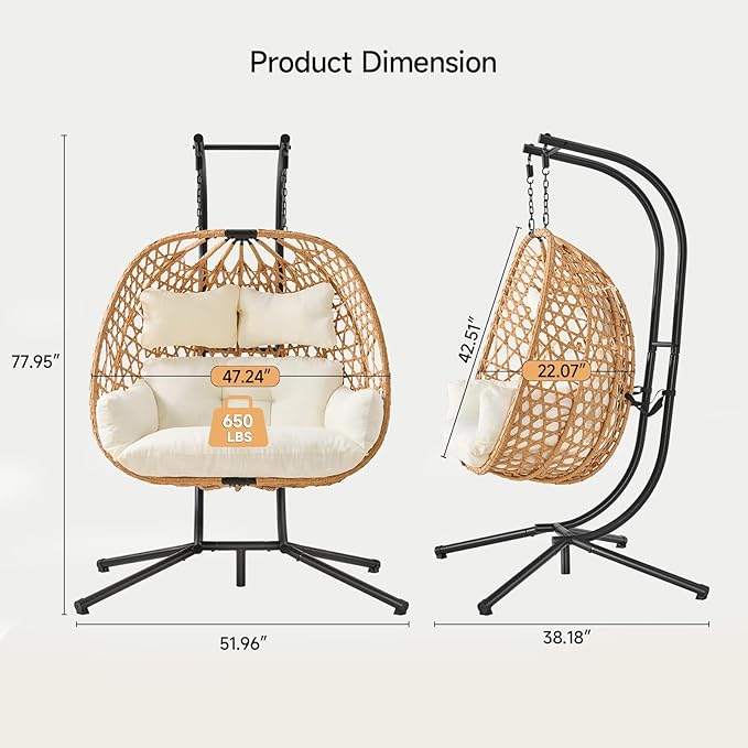 ONBRILL Double Hanging Egg Chair with Stand, Bohemian Knot Style Hammock Swing Chair, Foldable Basket & Denser Weaves, 650 Lbs Capacity Loveseat with UV Resistant Cushion for Patio, Backyard (Beige)