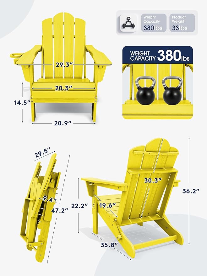 KINGYES Adjustable Folding Adirondack Chair, 3-Position Reclining Adirondack Chairs with Cup Holder, HDPE All-Weather Oversized Adirondack for Outdoor, Patio, Backyard Deck, Fire Pit, Yellow