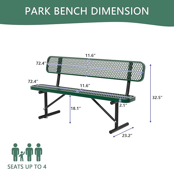 6 Ft Metal Park Bench for Outside, All-Weather Thermoplastic Coating Outdoor Bench with Backrest, Commercial Heavy Duty Benches for Shopping Malls, Stores, Parks, Patios, Decks, Green
