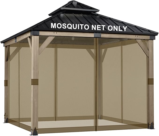 BPS 12' x 12' Gazebo Universal Mosquito Netting Screen Replacement, 4-Panel Screen Walls with Double Zippers for Outdoor Patio, Brown (Mosquito Net Only)