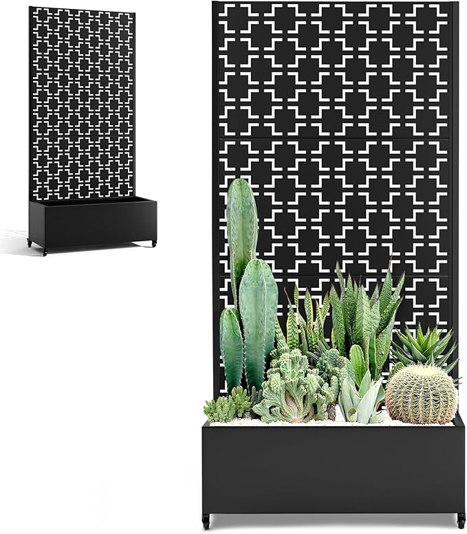 Raised Garden Beds Outdoor with Privacy Screen, Metal Standing Planter Box with Trellis & Wheels, Garden Boxes with Drainage Holes for Climbing Plants, Flowers, Vines (35"L×16"W×71"H, Black Square)