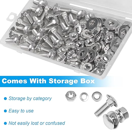 Yinpecly 25 Sets 1/4-20 x 3/4" Carriage Bolts Screws, 304 Stainless Steel Round Head Square Neck Carriage Bolts and Nuts Kit, with Flat & Lock Washers, Full Thread Coverage