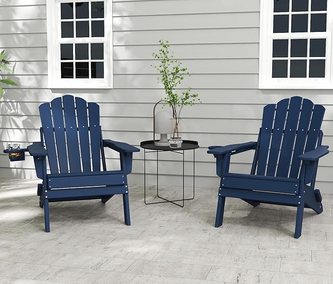 FOOWIN Adjustable Adirondack Chair, Folding Adirondack Chair with Cup Holder, HDPE All-Weather Fire Pit Chair with 3 Recline Positions, Suitable for Patio, Garden, Backyard, Poolside,Navy Blue