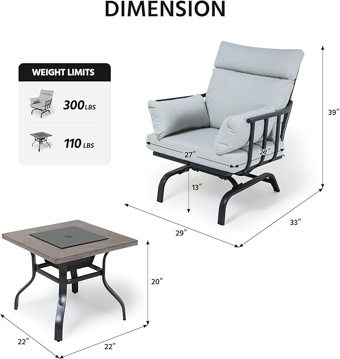 LAUSAINT HOME 3 Pieces Outdoor Patio Conversation Furniture, Luxury Motion Glider Chairs and Ice Bucket Table & Coffee Table, Rocking Chairs with Olefin Cushions, for Patios, Gardens, Balconies