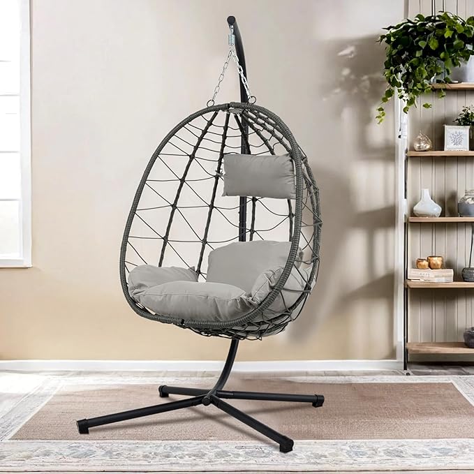 Hanging Egg Chair with Stand Egg Chair Indoor Outdoor, Patio Swing Hammock Egg Chairs, UV Resistant Removable & Washable Thicken Padded Cushions, 350LBS Capacity for Bedroom, Balcony, Garden