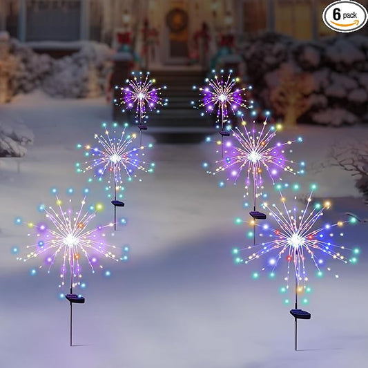 Solar Garden Firework Lights Outdoor Waterproof 6 Pack, 120 LED Sparklers, Colorful, for Patio, Backyard, Sidewalk, Christmas, Parties