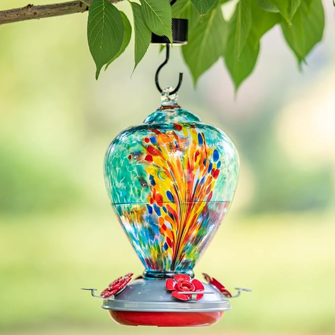 Muse Garden Gifts for Women Glass Hummingbird Feeder for Outdoors Hanging, Birthday Mother‘s Day Christmas Valentine Hummingbird Gifts for Women Mom, Ant Moat Included, 2 Pack, Peacock and Comet