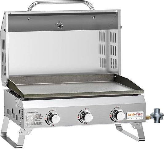 Tabletop Gas Griddle with Foldable Legs, Portable 3-Burner Propane Gas Grill Griddle Flat Top for Outdoor Cooking Patio Barbecue Camping Tailgating RV BBQ, Stainless Steel, #GS309
