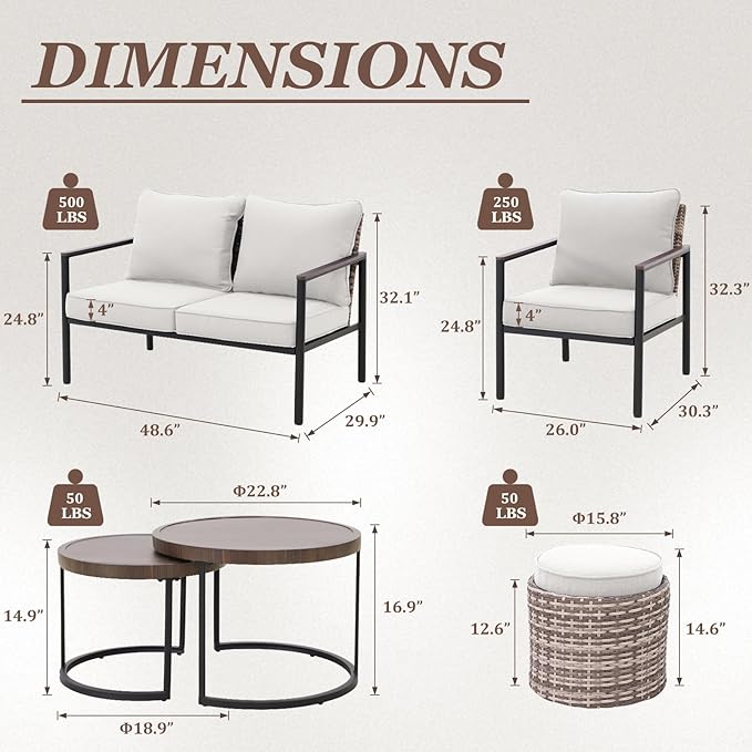 COOS BAY Sand Dune 5 Piece Wicker Patio Furniture Set, Rattan Outdoor Furniture with Nesting Tables, Chairs, Loveseat, Coffee Tables, and Ottoman, Brown/Beige