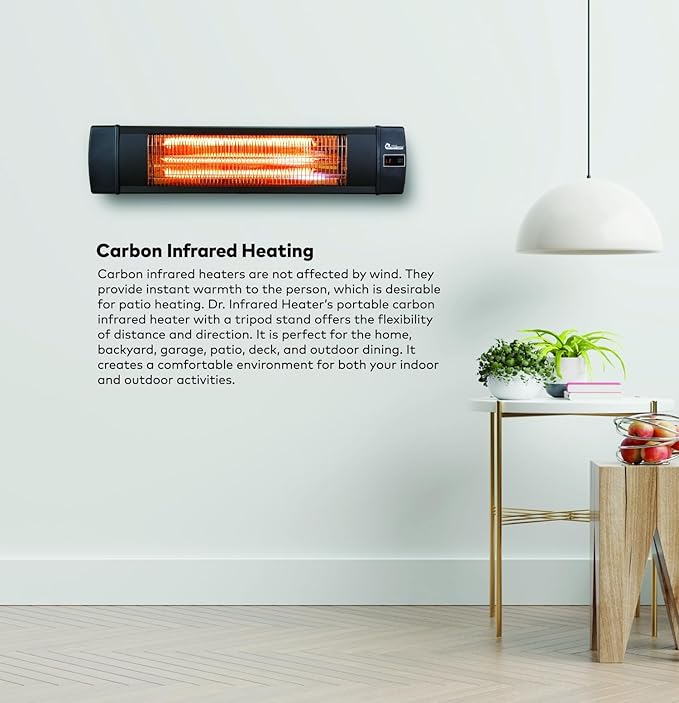 DR. INFRARED HEATER Carbon Infrared Patio Heater with Tripod, Remote Control, Optional On/Off Tip-Over Protection, Freestanding or Wall-Mounted, Black