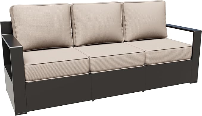 79" Aluminum Patio Sofa - All Weather Outdoor 3-Seat Sofa Couch with 6" Water-Resistant Cushions & Rectangular Framed Metal Armrest & Sofa Cover for Garden Porch (Beige)
