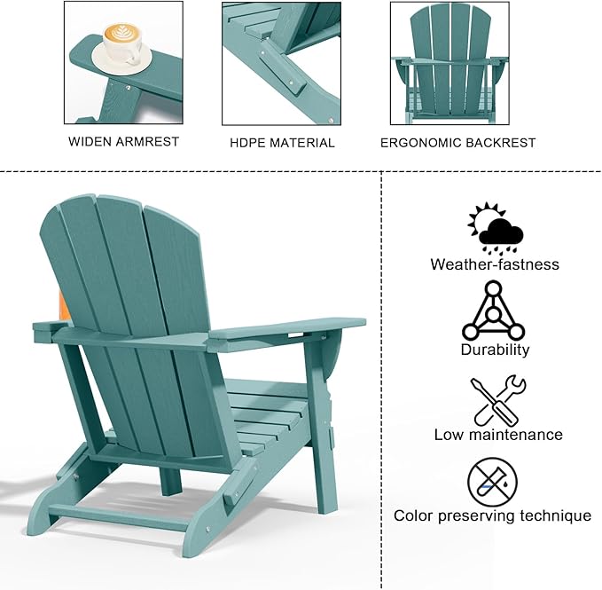 Folding Adirondack Chairs with Cup Holders, Set of 6 HDPE Plastic Outdoor Chairs, Weather Resistant, Real Wood Look, Heavy-Duty Patio Furniture for Deck, Fire Pit, Backyard, Aruba Blue