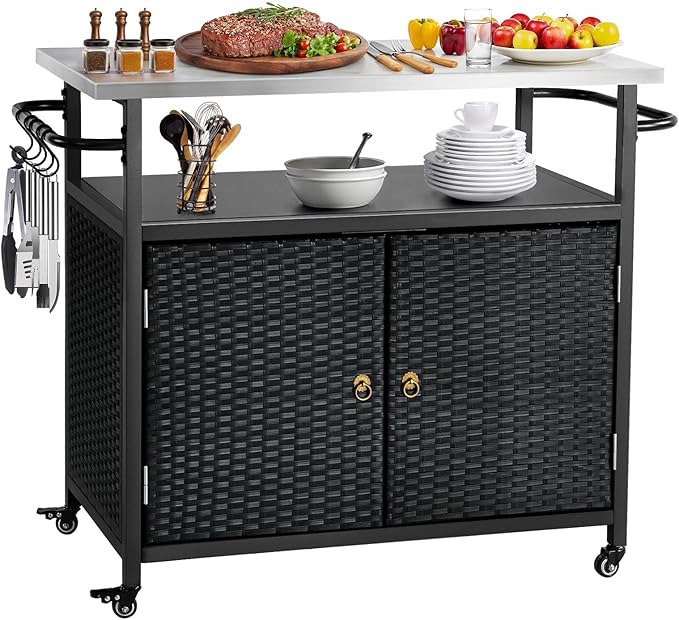 Outdoor Storage Cabinet, Rattan Patio Bar Tables with Wheels, Kitchen Island Cart with Stainless Steel Top for BBQ, Patio, Backyard