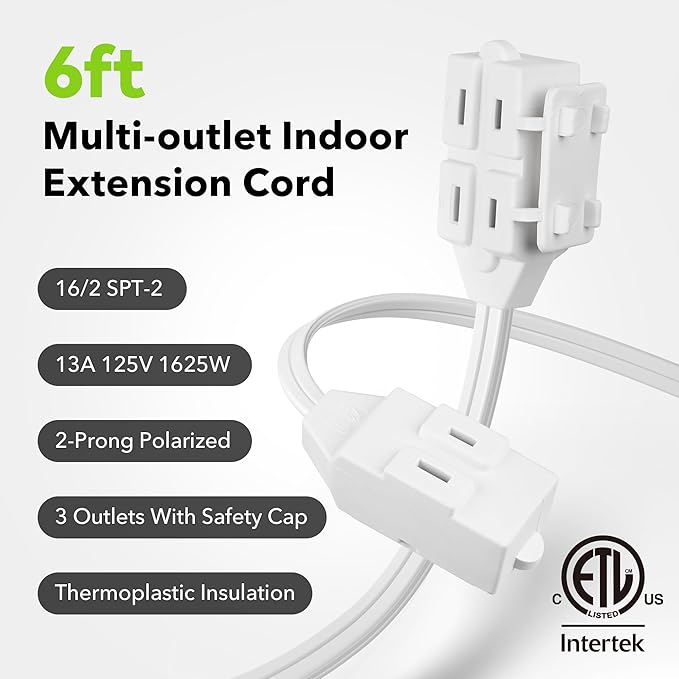 BN-LINK 6 ft 3 Outlet Indoor Extension Cord 16/2 SPT-2, 2 Pack White, 2 Prong Polarized Plug, Household Power Cord for Home, Office, and Holiday Decorations