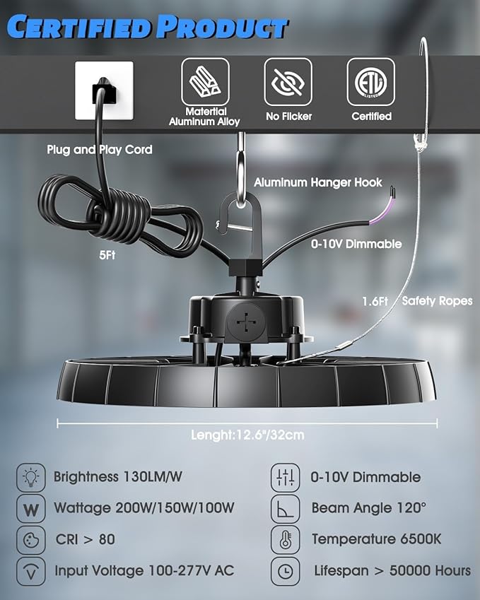 High Bay LED Shop Lights for Garage Workshop,100W 150W 200W Adjustable 130LM/W Super Bright 0-10V Dimmable UFO lights with US Plug,6500K AC100V-277V IP65 Waterproof Commercial Bay Lamp for Barn 10Pack
