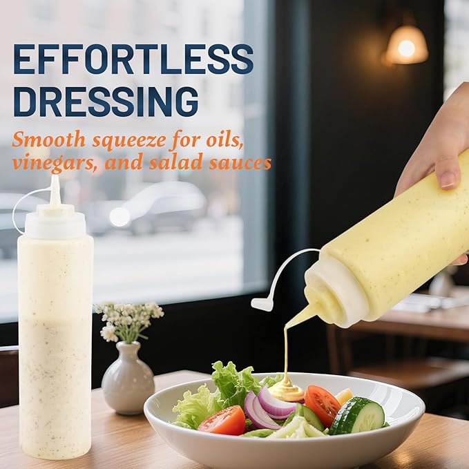 32 oz Condiment Squeeze Bottles, Salad Dressing Container, Ketchup and Mustard Bottles Squeeze, Sauces Bottle for Home and Kitchen, Dressing Bottle for Oil, Paint, BBQ, Honey - 6 Pack